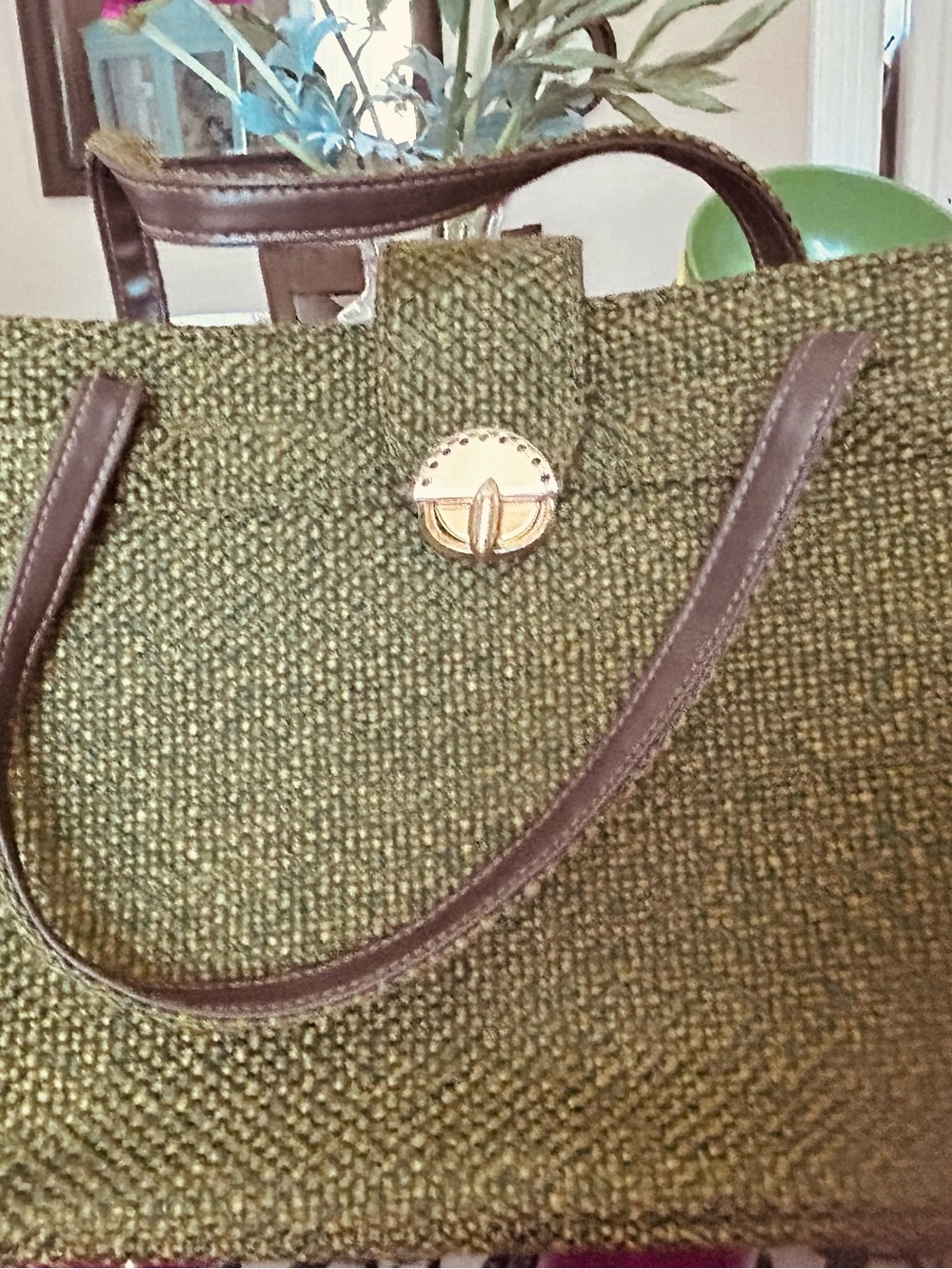 Olive Green Woven Shoulder Bag with Brown Trim